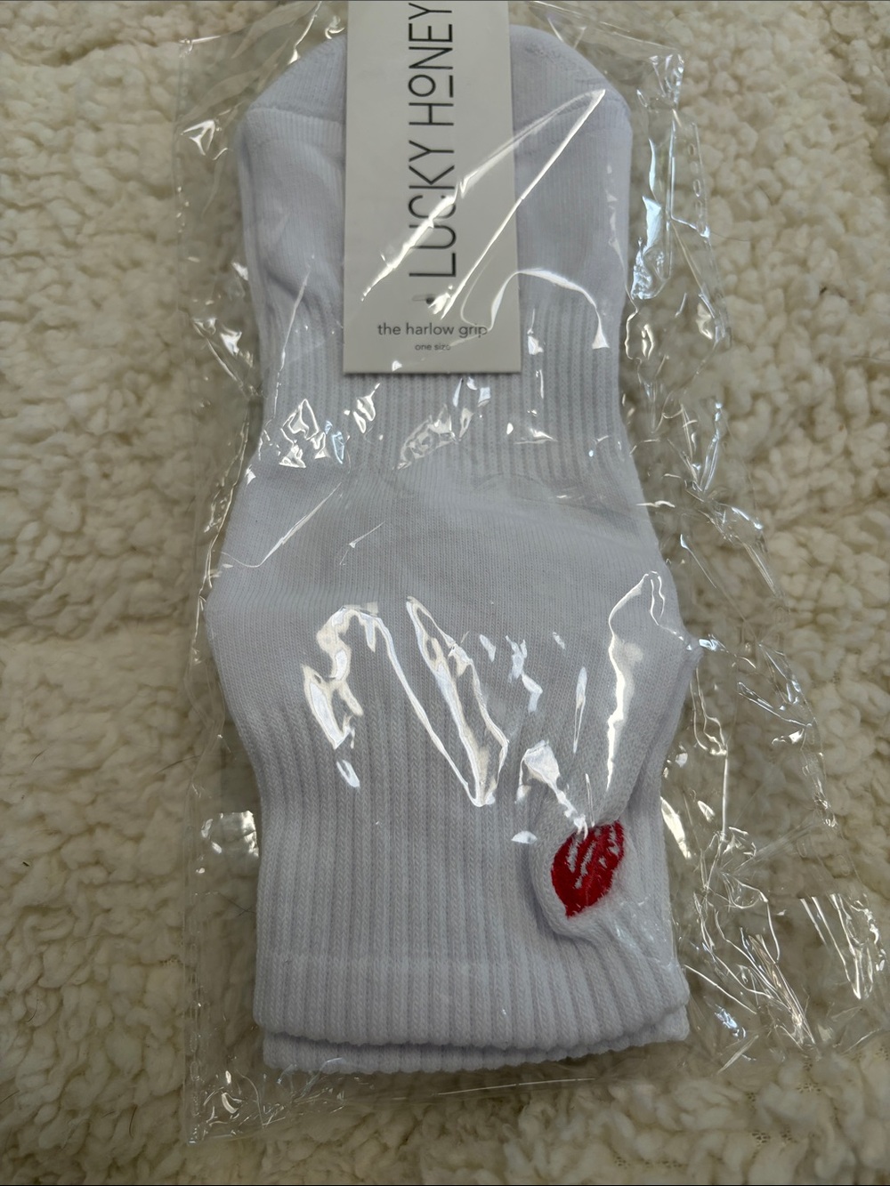 White Crew Pilates Socks with Red Lip Accent